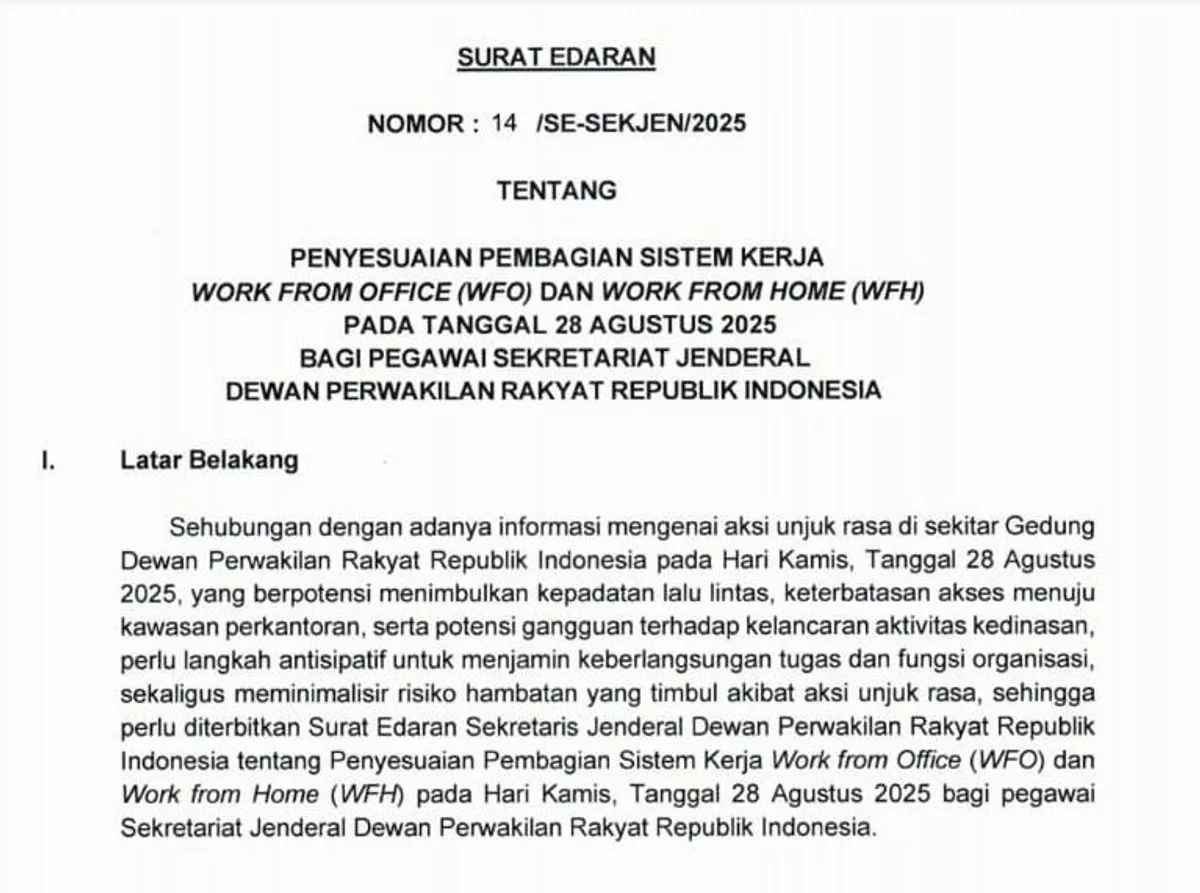 Surat edaran imbauan WFH bagi tenaga ahli dan ASN DPR RI (Sumber: x @toketriot | Foto: x @toketriot)