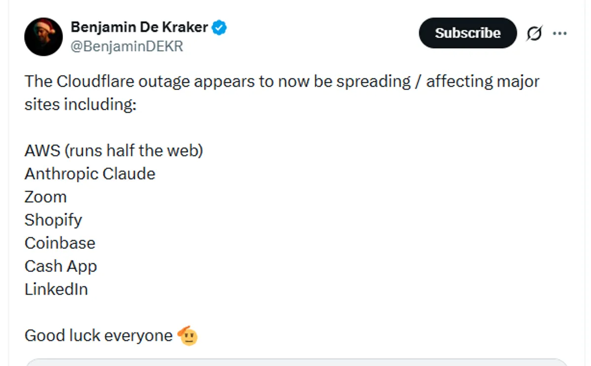Salah satu cuitan keluhan dari cloudflare down. (Sumber: TL x | Foto: TL x)