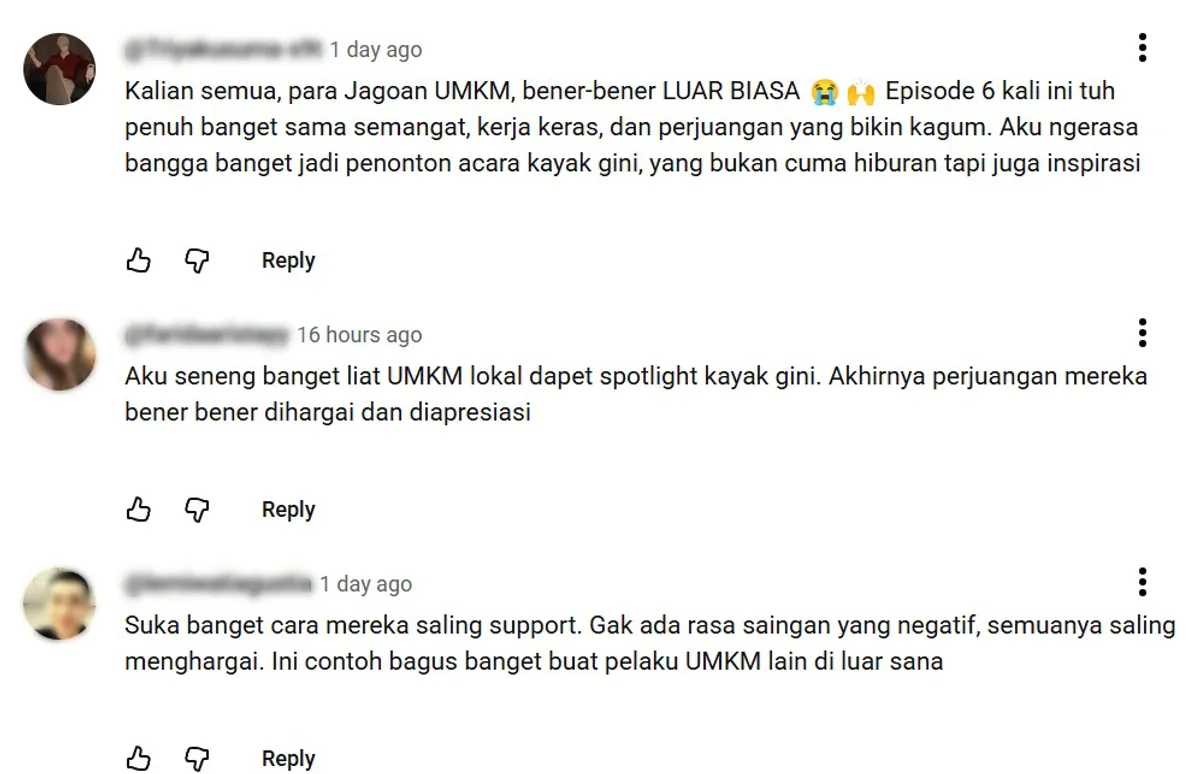 Komentar positif di YouTube dari para netizen terhadap kompetisi Shopee Jagoan UMKM.
