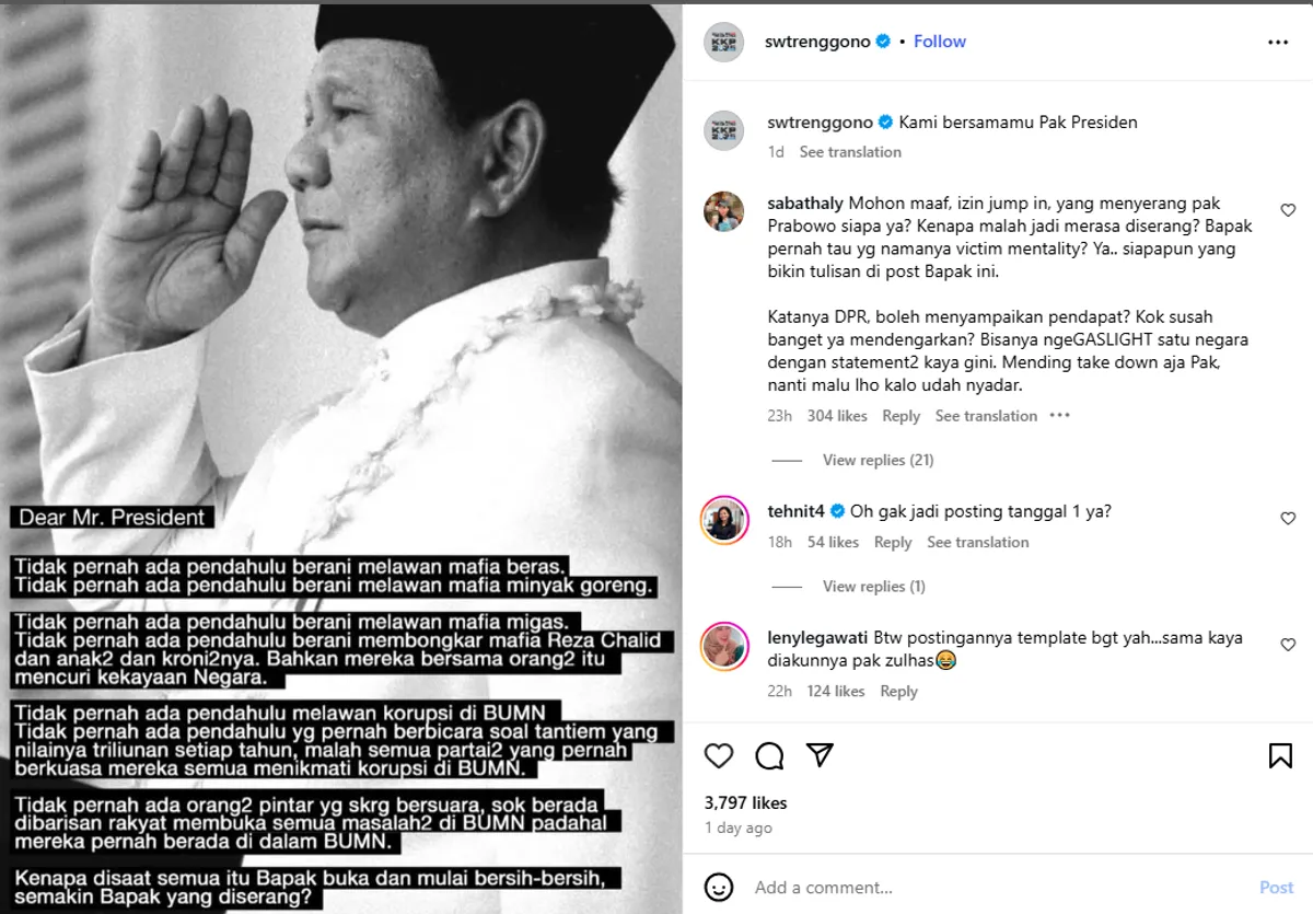 Dukungan Menteri Kelautan dan Perikanan Sakti Wahyu Trenggono (Sumber: TL Instagram @swtrenggono | Foto: TL Instagram @swtrenggono)