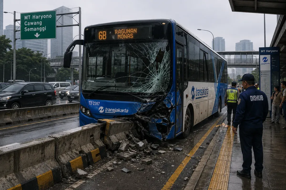 Sebuah bus TransJakarta mengalami kecelakaan tunggal dengan menabrak separator busway di Jalan MT Haryono, tepatnya di sekitar Halte Cikoko. (Sumber: Generate by AI | Foto: Generate by AI)