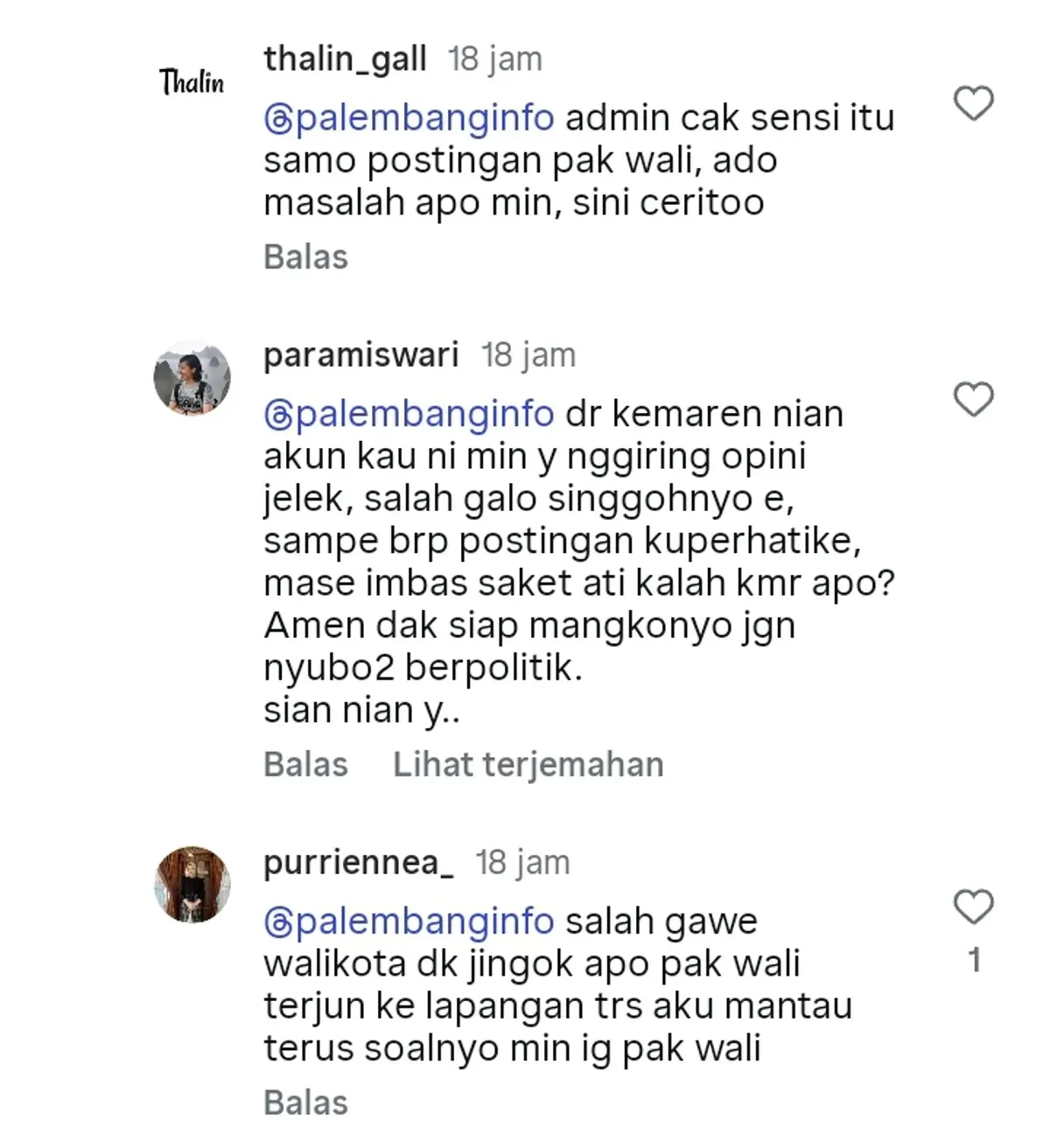 Respons Kabag Prokompim Palembang, Paramiswari, setelah dinilai pejabat anti kritik (Sumber: Instagram @palembanginfo)