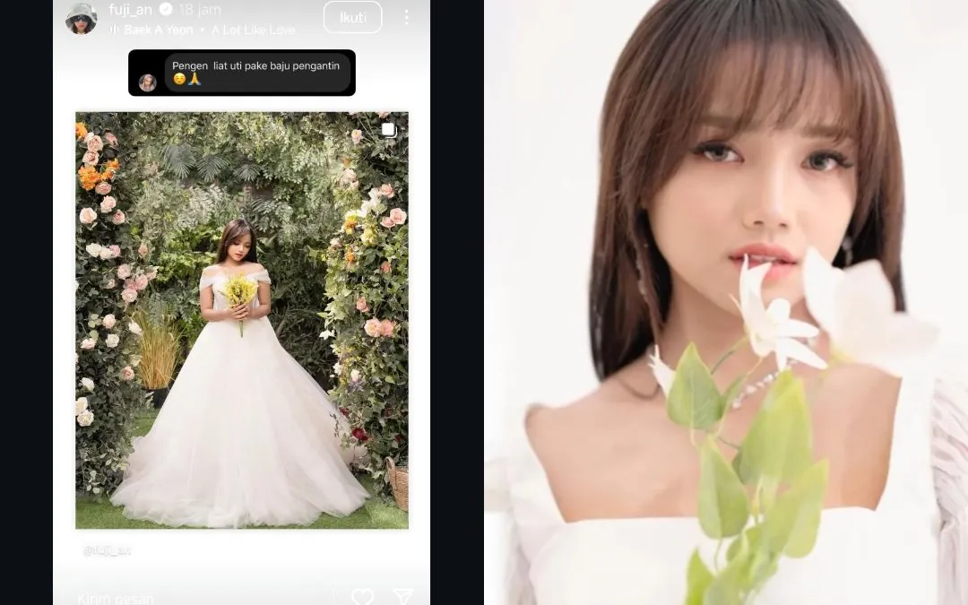 Fuji, seorang selebriti populer yang kini menjadi perbincangan hangat karena unggah gaun pengantin berwarna putih.
