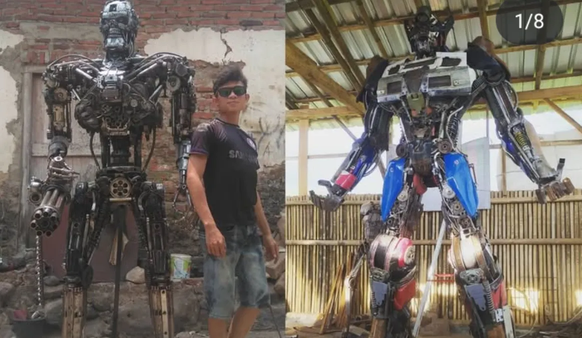 Melalui tangannya yang kreatif, Umar yang hanya mengandalkan barang-barang rongsok telah berhasil merancang replika robot dengan berbagai varian ukuran.