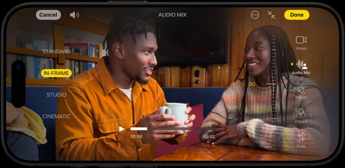 iPhone 16 Pro hadir dengan fitur audio canggih yang hanya menangkap suara dalam frame, bikin rekaman lebih jernih tanpa gangguan.