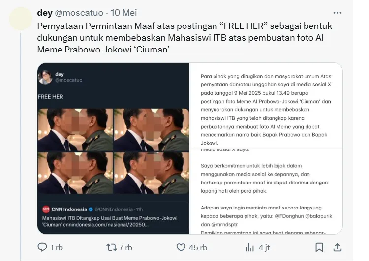 Bareskrim Polri resmi menangguhkan penahanan terhadap mahasiswi Institut Teknologi Bandung (ITB)&nbsp;pengunggah meme Prabowo dan Jokowi.