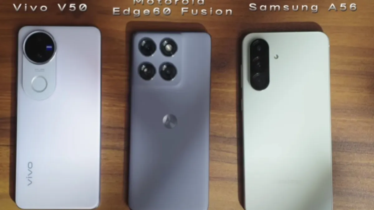 Ilustrasi perbandingan spesifikasi singkat antara Samsung A56, Vivo V50, dan Motorola Edge 60 Fusion. 