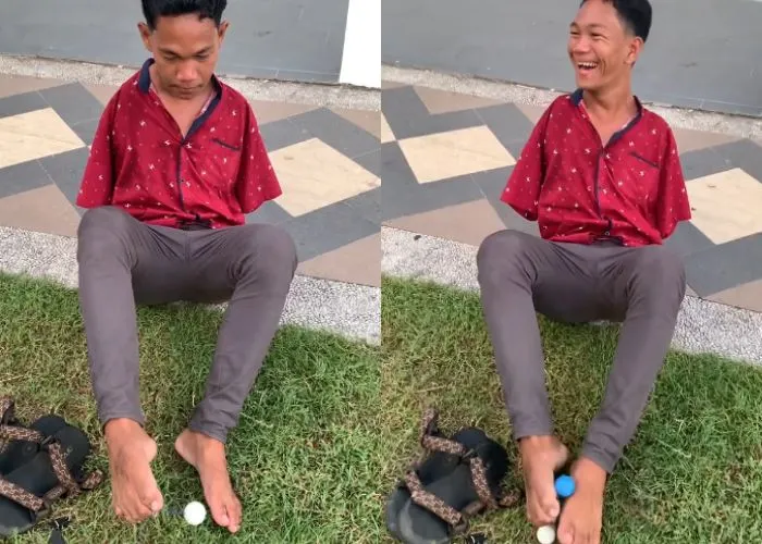 Beredar video dari Agus penyandang disabilitas yang sedang bermain lato-lato dengan mudah menggunakan kakinya.