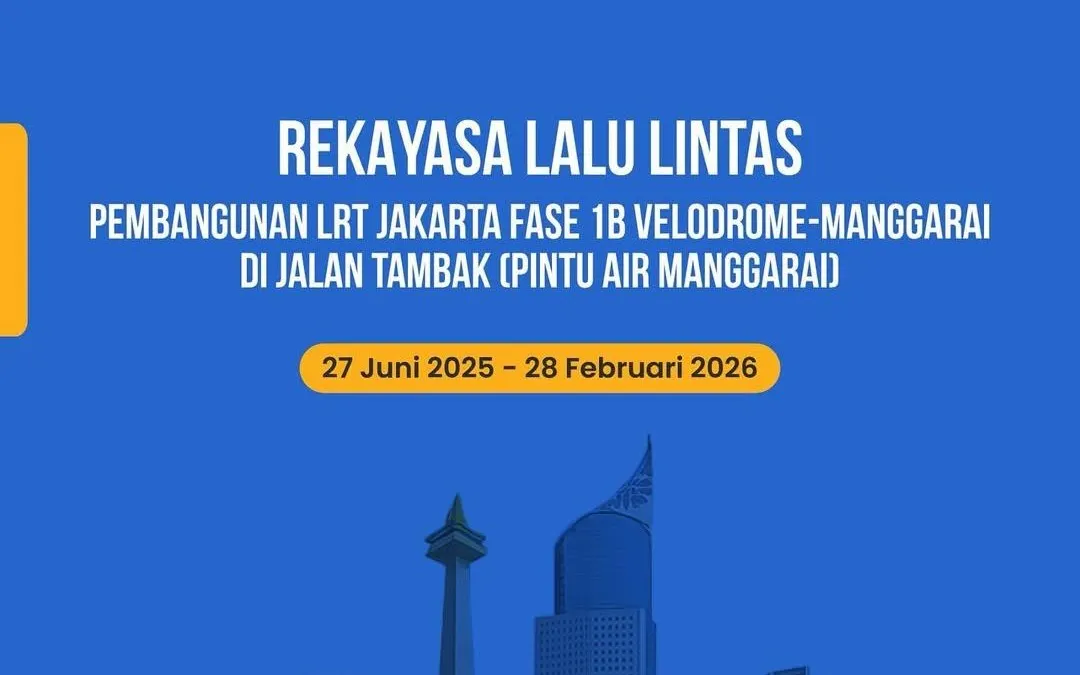 Mulai 27 Juni 2025 hingga 28 Februari 2026, Dinas Perhubungan DKI Jakarta akan menerapkan rekayasa lalu lintas di Jalan Tambak untuk mendukung pembangunan LRT Jakarta Fase 1B rute Velodrome-Manggarai.