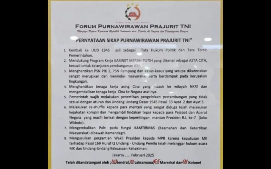 Illustrasi. Forum Purnawirawan TNI secara resmi menyampaikan pernyataan sikap yang berisi delapan poin penting.
