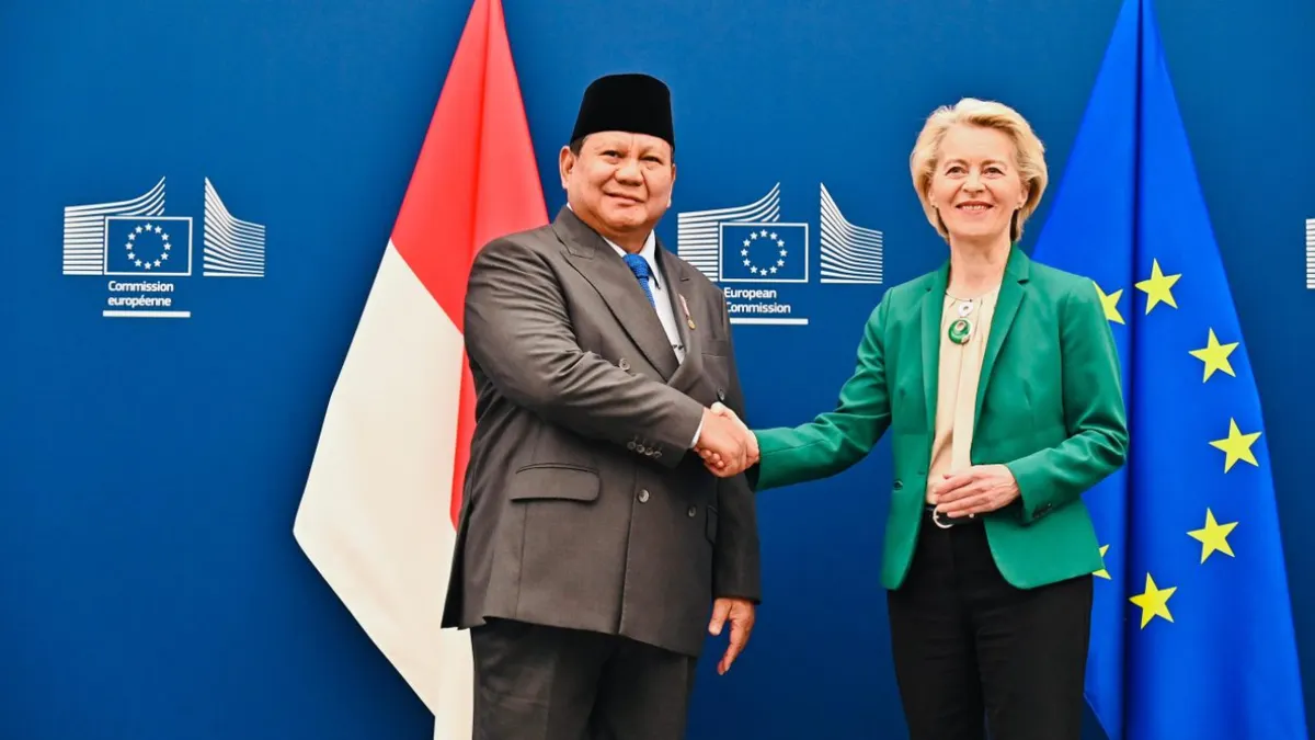 Presiden Republik Indonesia, Prabowo Subianto, melakukan pertemuan dengan Presiden Komisi Eropa, Ursula von der Leyen, di Kantor Pusat Uni Eropa, Gedung Berlaymont, Brussel, Belgia, pada Minggu, 13 Juli 2025.
