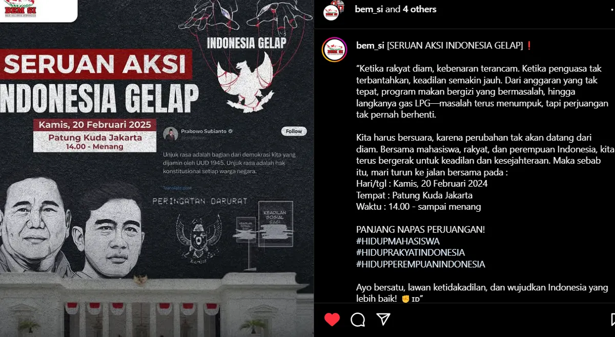 Unggahan Instagram BEM SI terkait aksi mahasiswa bertajuk ‘Indonesia Gelap’