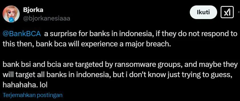 Bjorka Ungkap Jutaan Database Nasabah Bank BCA Diduga Sedang Diincar Ransomware