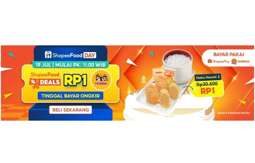 Kolaborasi spesial ShopeeFood dengan HokBen untuk pesan menu Hoka Hemat 3 hanya Rp1 spesial pada 19 Juli 2025.