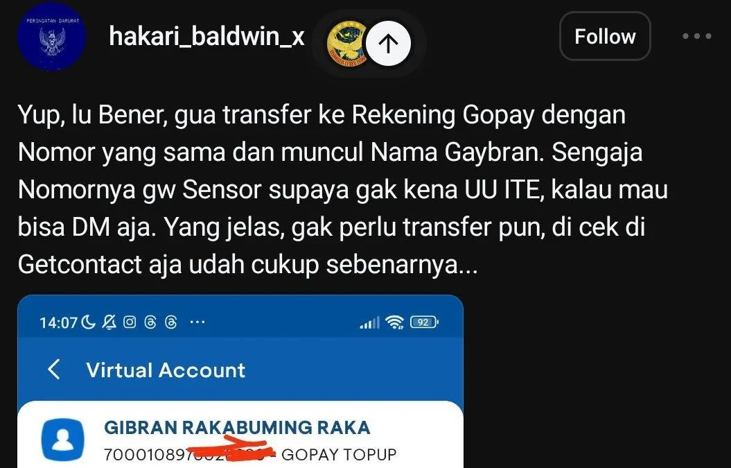 Warganet sampai sengaja mencari di aplikasi Getcontact dan top up Gopay menggunakan nomor telepon yang diduga milik Gibran Rakabuming.