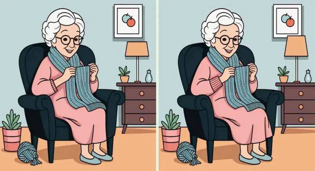 Ada 3 perbedaan pada gambar seorang nenek di ruang tamu yang sedang merajut, bisakah kamu mengidentifikasi semua perbedaan dalam tes IQ ini.