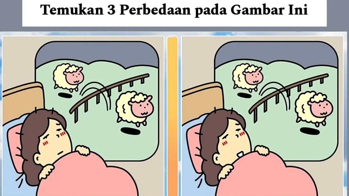 Ada 3 perbedaan di antara kedua gambar gadis yang menghitung domba saat tidur, bisakah kamu menemukannya dalam 18 detik