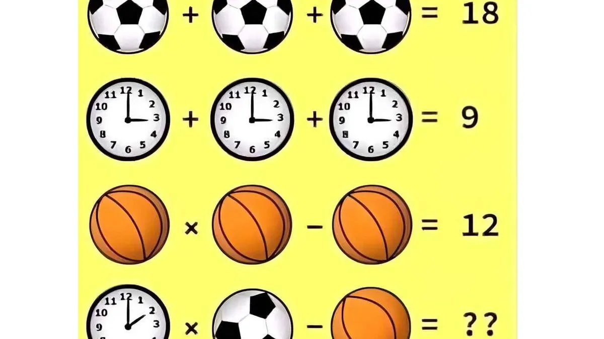 Coba hitung nilai jam dinding dikalikan bola sepak kemudian dikurangi bola basket. Temukan jawabannya dalam waktu 10 detik.