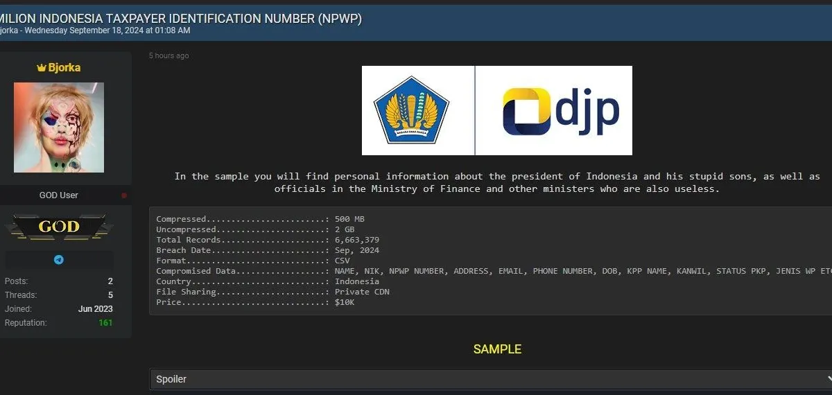 Field yang bocor mencakup NIK, NPWP, nama lengkap, alamat, kelurahan, kecamatan, hingga kode wilayah dan klasifikasi lapangan usaha (KLU).