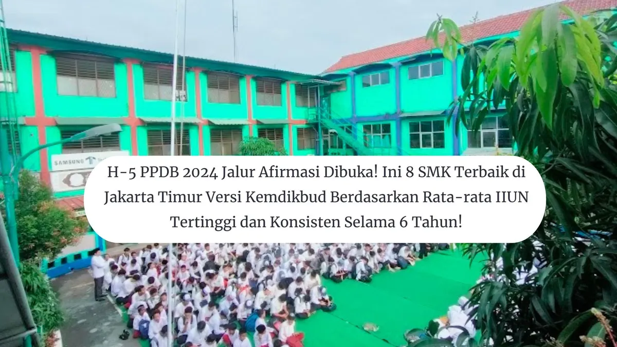 SMK terbaik di Jakarta Timur berdasarkan nilai rata-rata IIUN tertinggi dan konsisten selama 6 tahun jumlahnya sebanyak 8 sekolah.