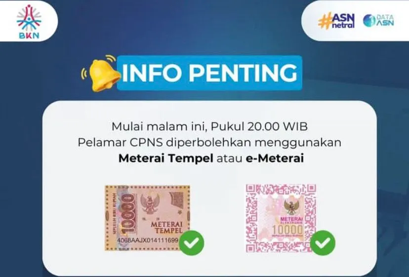 Pelamar CPNS 2024 Boleh Gunakan Meterei Tempel atau e-Meterai