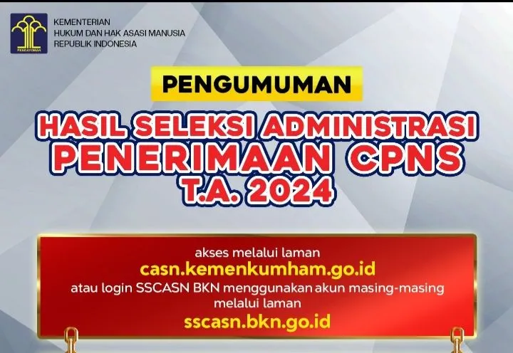 Hasil seleksi administrasi CPNS Kemenkumham tahun 2024 untuk Formasi Pemeriksa Keimigrasian dan Penjaga Tahanan di 33 Provinsi 