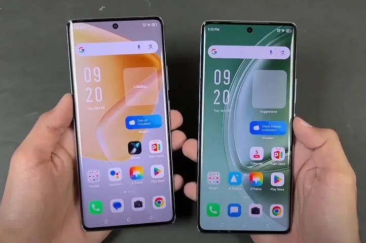Keduanya juga memiliki layar AMOLED 6,78 inci dengan kecepatan refresh 120Hz, tetapi itel memiliki layar yang lebih terang.