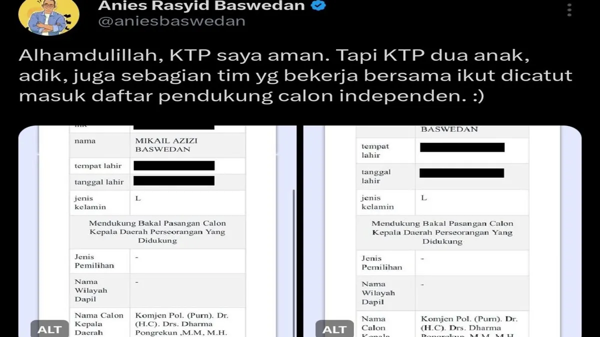 Mengenai pencatutan KTP yang menimpa kedua anak, tim dan adiknya ini diungkap Anies Baswedan melalui akun X (Twitter) pribadi miliknya.