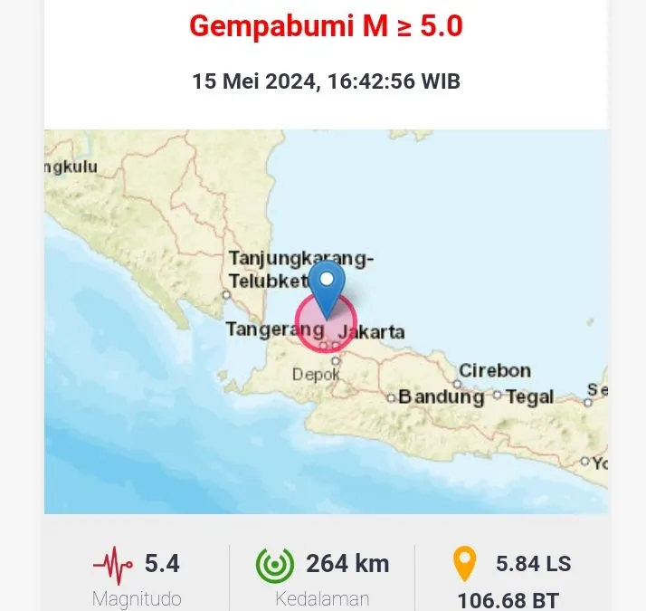 Gempa mengguncang wilayah Jakarta dengan kekuatan 5,4 SR hari Rabu, 15 Mei 2024 pukul 16.42 WIB