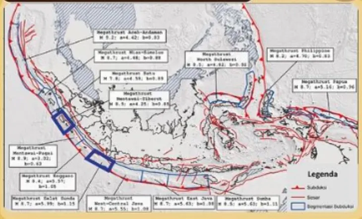 Ada 13 titik zona megathrust di Indonesia dan sekitarnya.