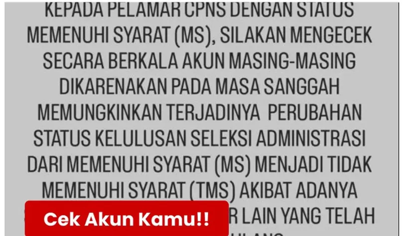 Pada masa sanggah seleksi CPNS 2024 ternyata status pelamar bisa saja berubah hasil dari MS menjadi TMS. Apa penyebabnya?