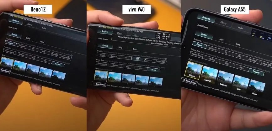 Inilah perbandingan Mid-Range terbaik Smartphone vivo V40, OPPO Reno12, dan Samsung A55.