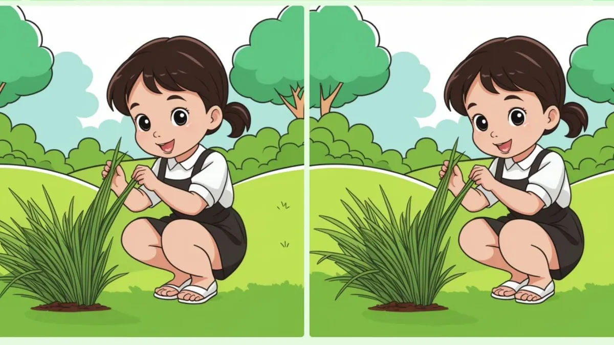 Pada tes IQ kali ini kamu ditantang untuk mencari tiga perbedaan dalam gambar anak perempuan di taman.