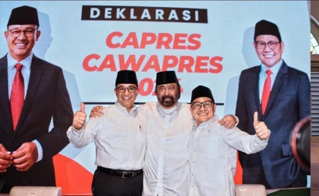 Anies Baswedan (kiri), Surya Paloh (tengah) dan Muhaimin Iskandar aau Cak Imin (kanan)