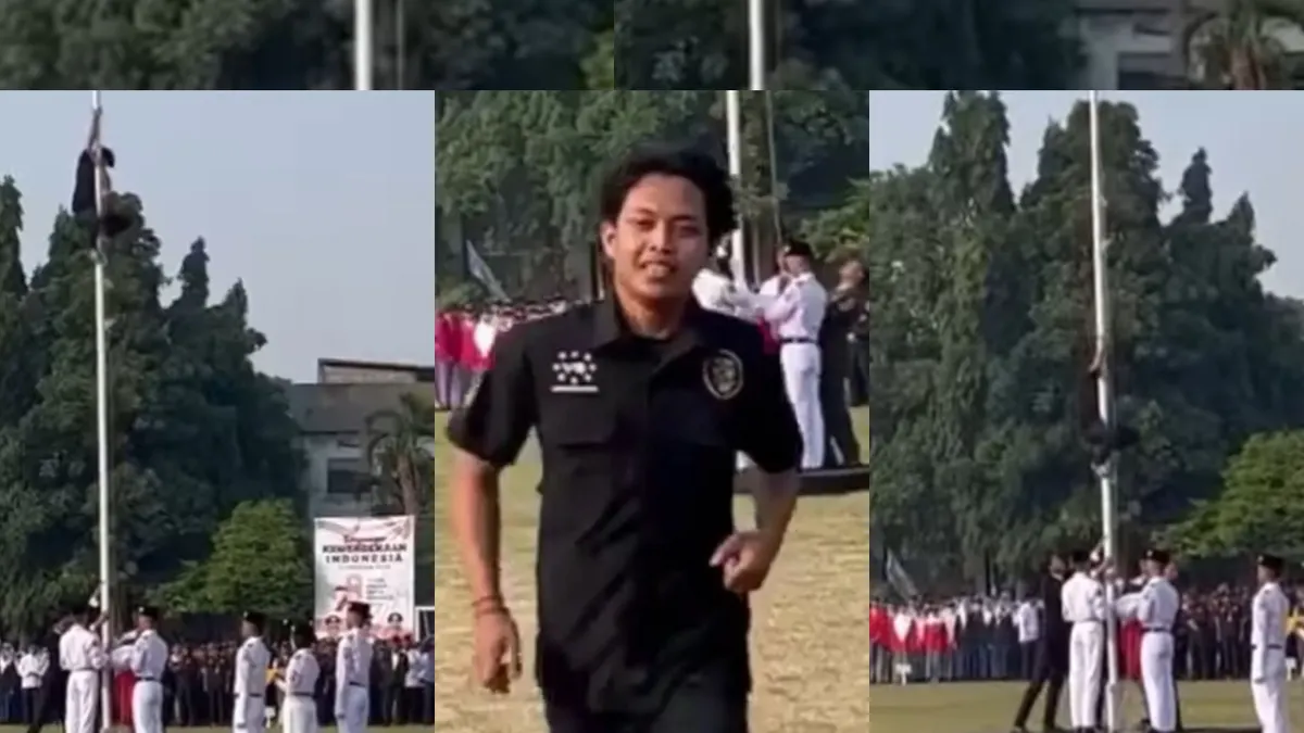 Aksi heroik seorang pria panjat tiang bendera di upacara HUT RI ke-78 di Ciputat