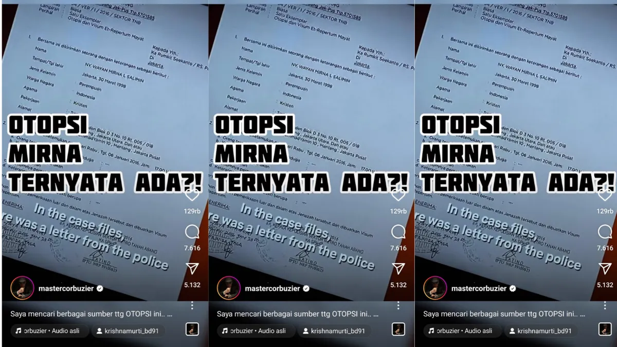 Deddy Corbuzier dalam akun Instagram-nya @mastercorbuzier baru-baru ini membuat heboh karena mengunggah sebuah bukti hasil otopsi yang diduga milik Wayan Mirna Salihin.