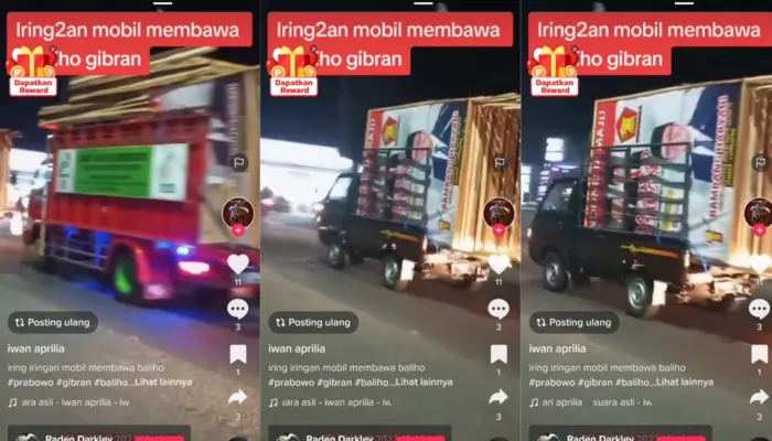 Viral di media sosial unggahan seorang warganet yang menampilkan video iring-iringan mobil membawa baliho pasangan capres-cawapres Prabowo Subianto dan Gibran Rakabuming Raka.