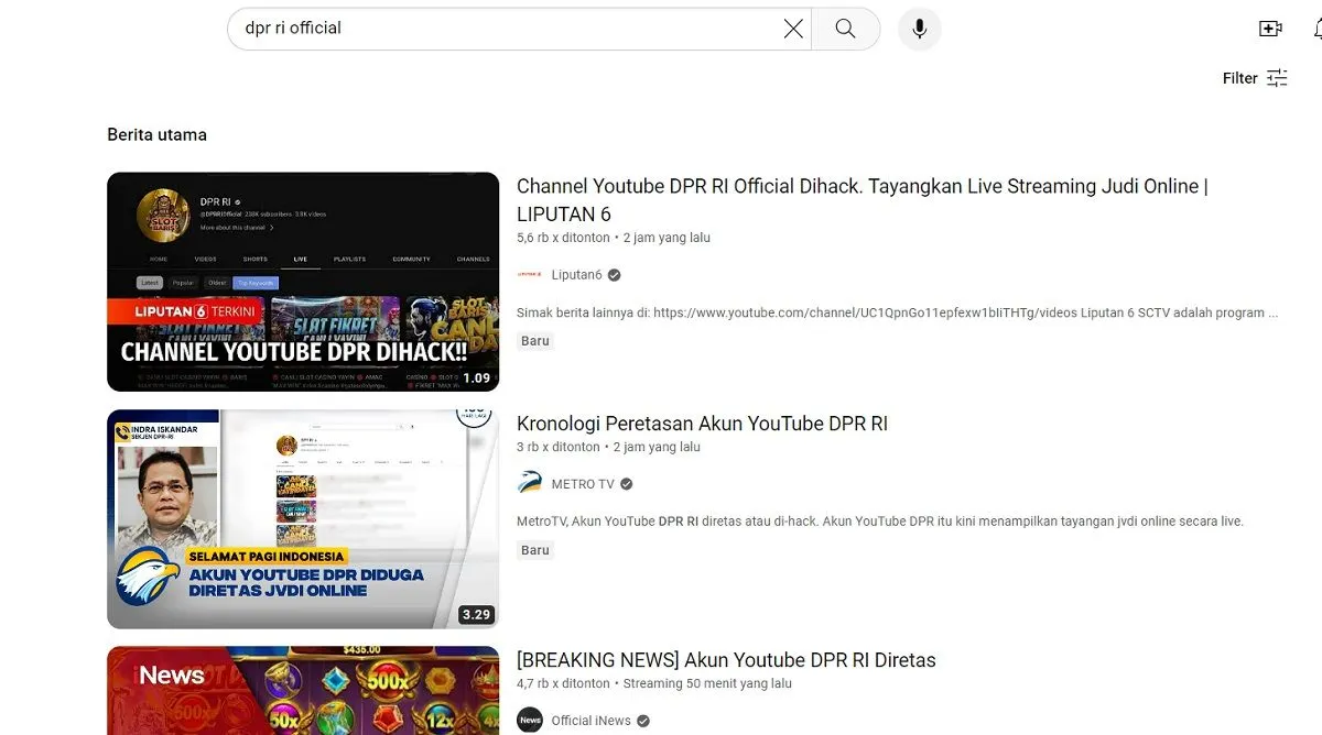 Akun YouTube Dewan Perwakilan Rakyat (DPR) RI beberapa jam yang lalu diduga telah diretas oleh pihak yang tidak bertanggung jawab.