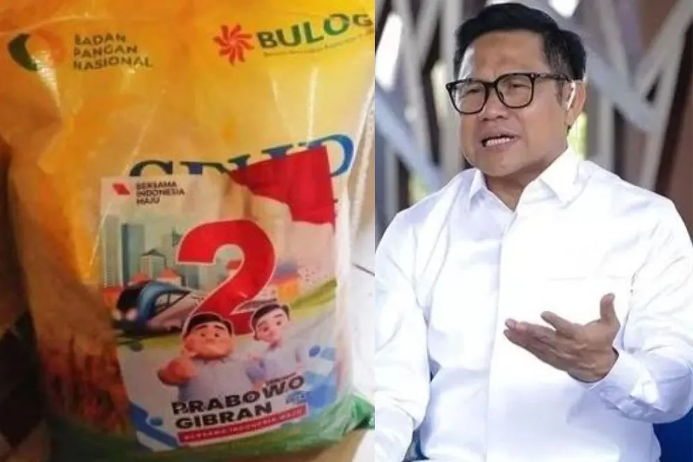 Muhaimin Iskandar alias Cak Imin, cawapres nomor urut 1 menanggapi foto beras bulog yang beredar dengan stiker Prabowo-Gibran.