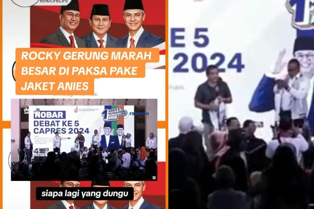 Beredar video Rocky Gerung marah besar karena dipaksa pakai jaket timses Anies Baswedan.