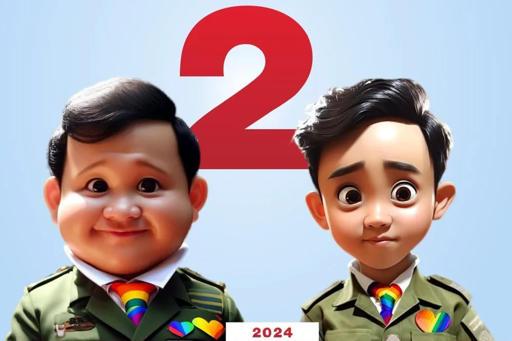 Beredar sebuah gambar Artificial Intelligence (AI) di media sosial yang mana terlihat Prabowo Subianto dan Gibran Rakabuming Raka menggunakan dasi dan pin pelangi.
