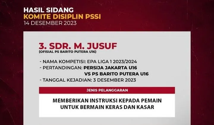 Official Barito Putera U-16 Ditegur Komdis PSSI