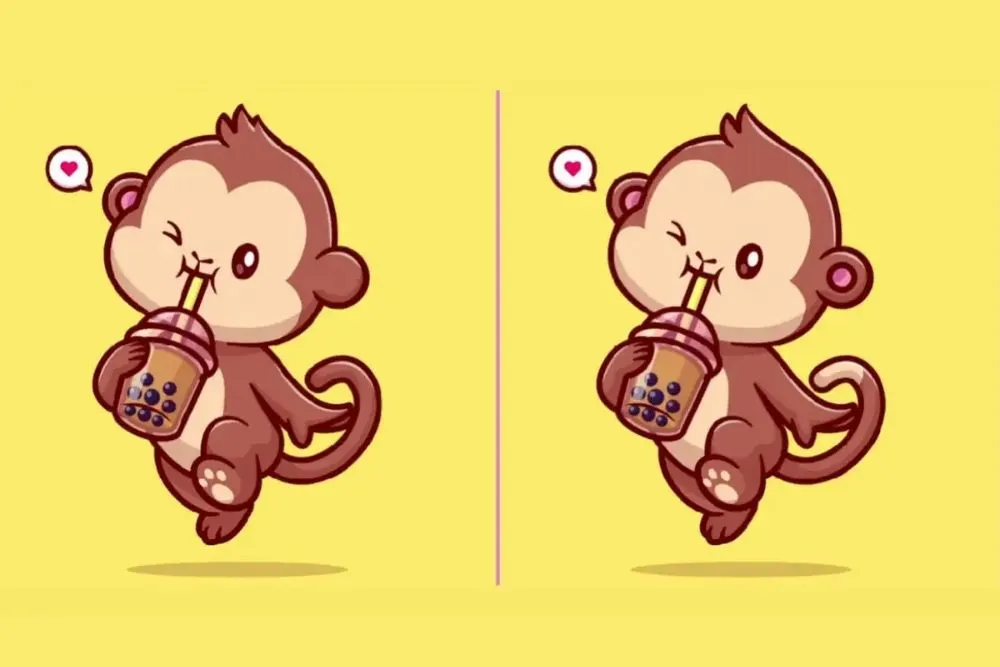 Kali ini tantangan tes IQ adalah berupa mencari perbedaan dari kedua gambar kartun monyet yang sedang minum boba.