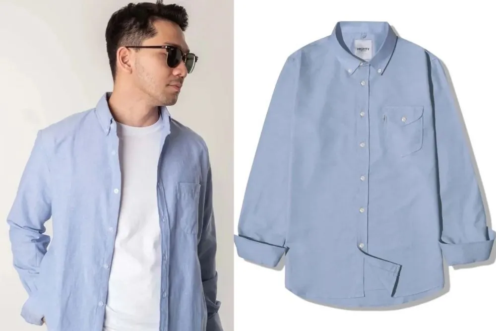 Rekomendasi kemeja panjang warna biru muda versi lokal.