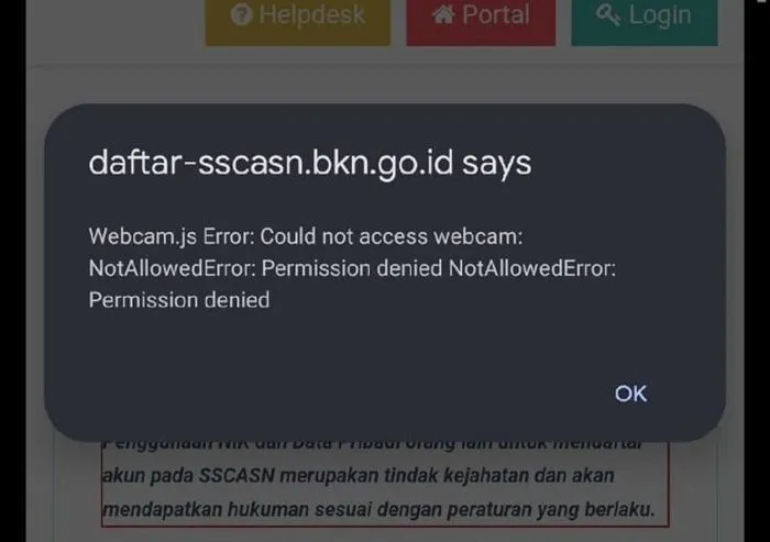 Ilustrasi Notifikasi Webcam js Error saat Daftar CPNS dan PPPK 2023
