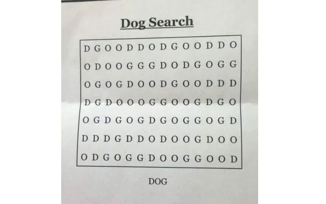 Dalam tes IQ kali ini kamu dituntut untuk menemukan satu kata pada sebuah gambar. Coa temukan kata "Dog" dalam waktu 15 detik saja.