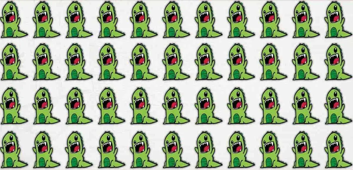 sekumpulan monster berwarna hijau yang terlihat identik.