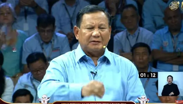 Prabowo Subianto saat debat perdana Capres 2024, Selasa (12/12/2023)