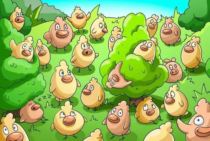 Berkat teka-teki tes IQ ilusi optik dalam permainan asah otak ini, Anda dapat melihat sekawanan anak ayam yang tersebar dalam gambar.