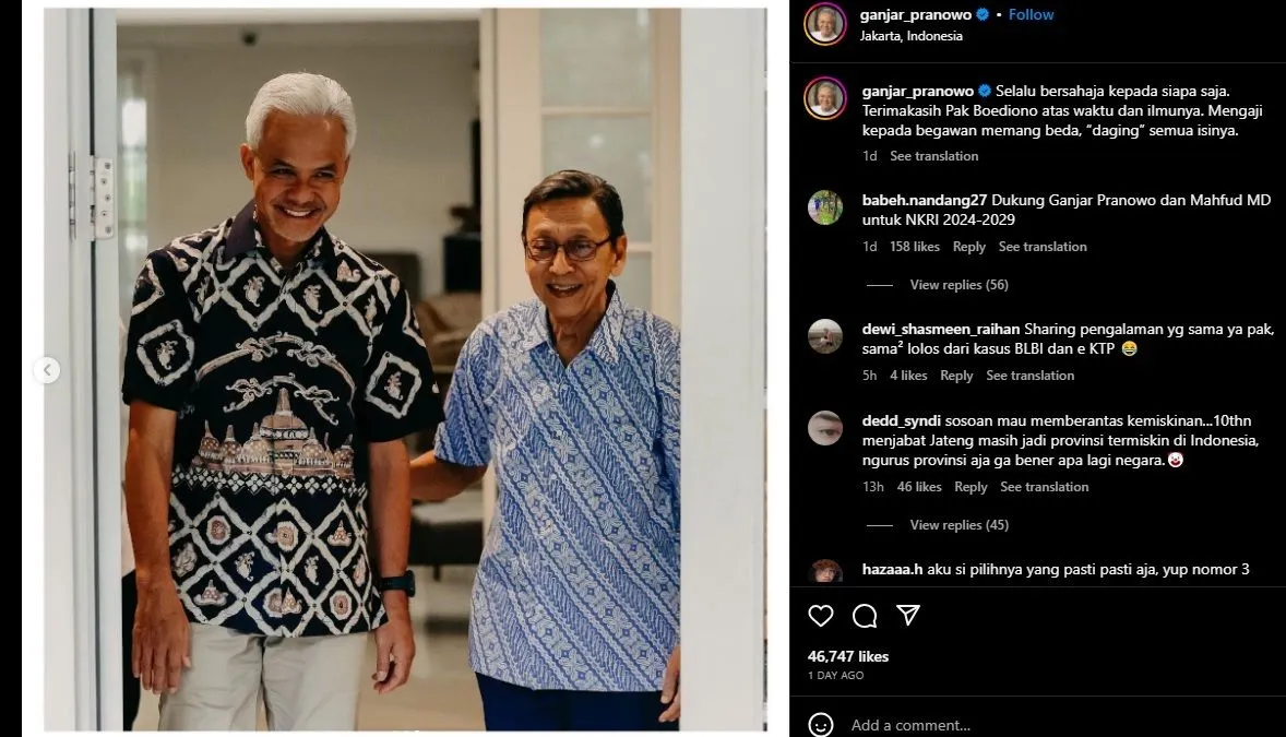 Calon Presiden (Capres) Ganjar Pranowo mendapat tiga pelajar penting dari Wakil Presiden ke-11 RI Prof Boediono.